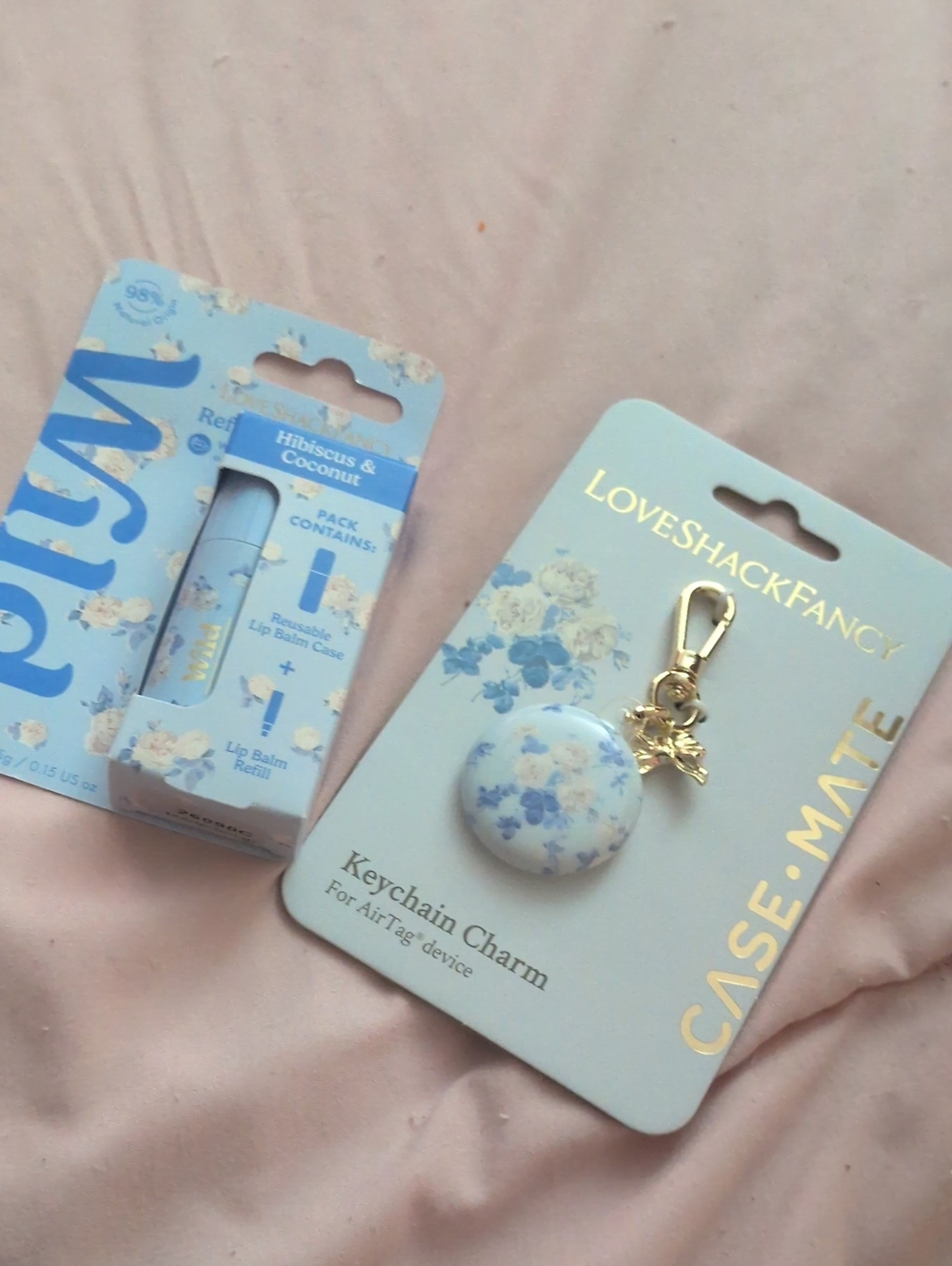 LoveShackFancy Blue and White Floral Airtag Keychain Charm & Wild RefillableLip